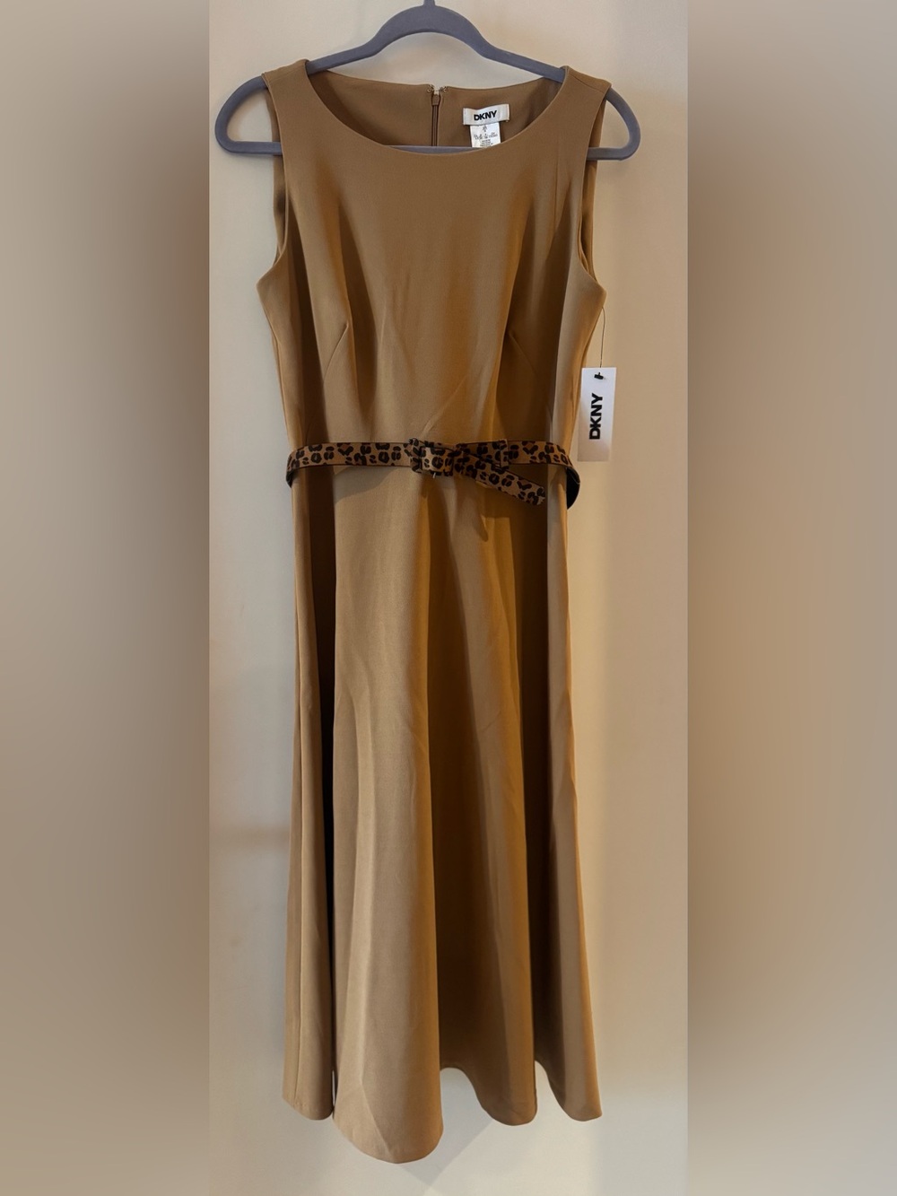DKNY Strapless Camel Midi Dress with Leopard Print Belt